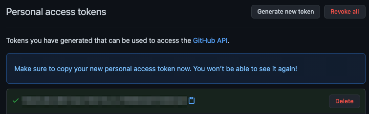 Display of newly created token on GitHub